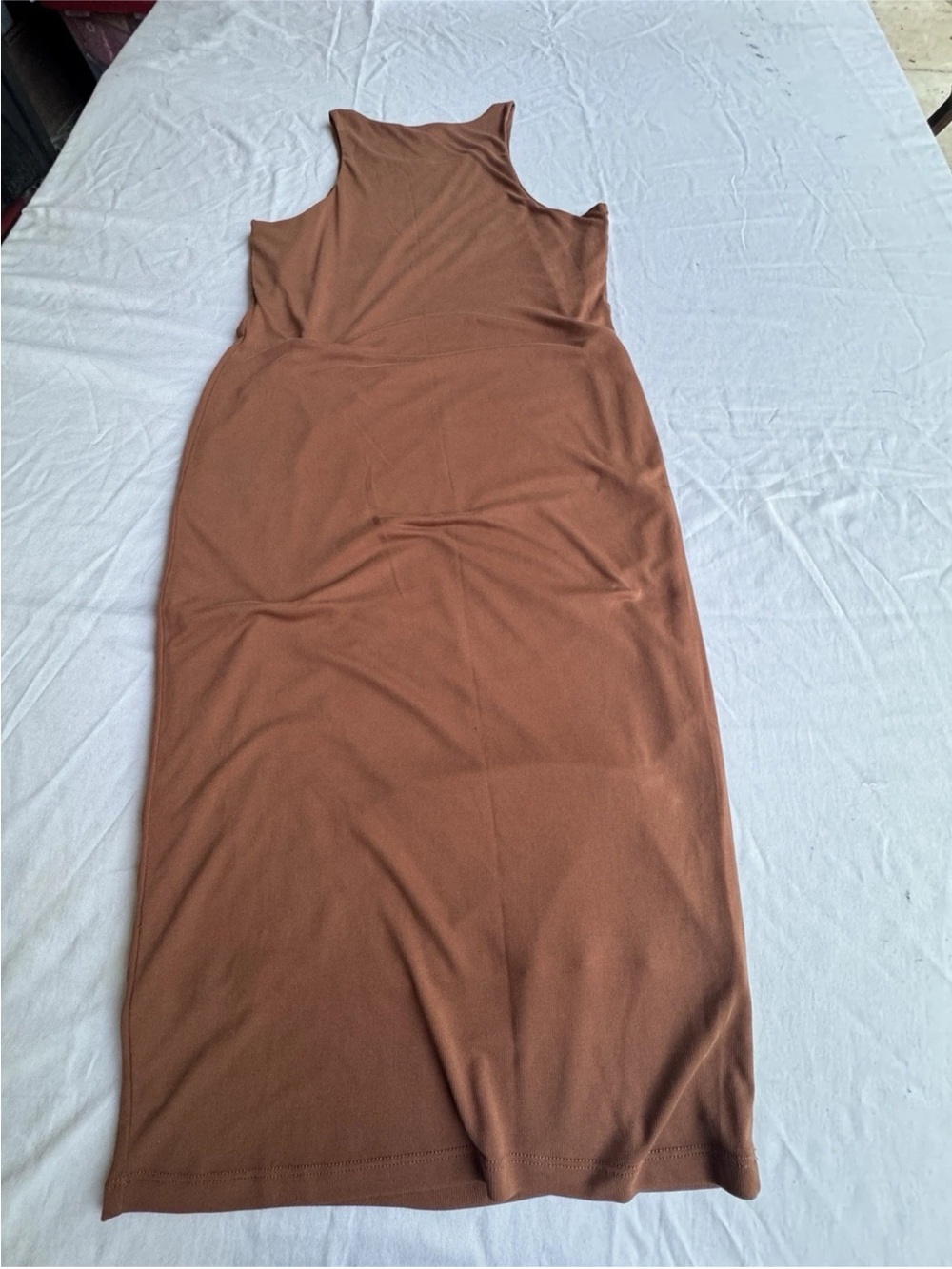 Good American Basic Layering Neutral High Neck Maxi Dress Column Brown camel XL